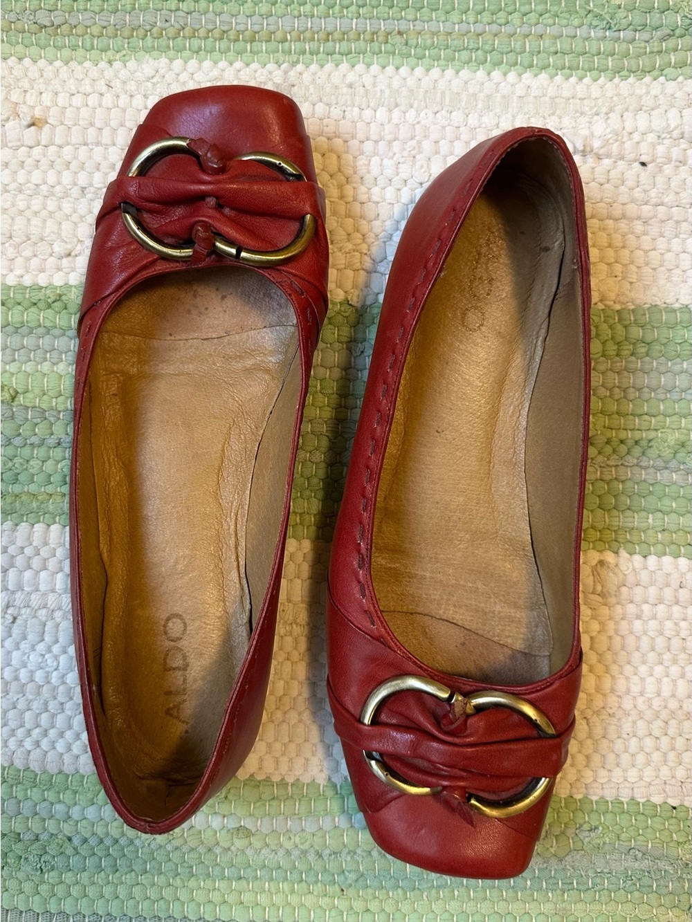 ALDO Red Leather Square-Toe Flats with Gold Ring Accent